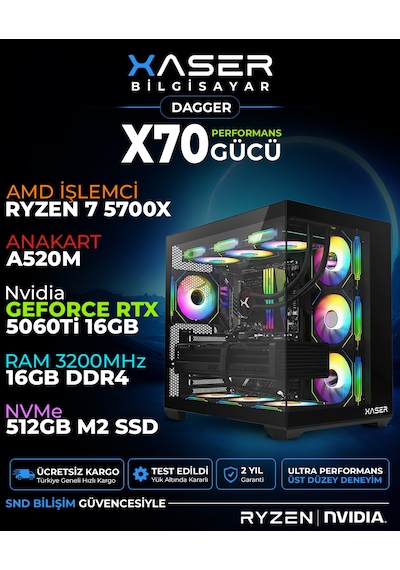 Xaser Dagger X70 R7-5700X 16 GB 512 GB SSD 16 GB RTX5060Ti Free Dos Masaüstü Oyuncu Bilgisayarı