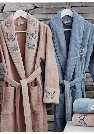 Dantela Premium Butterfly 6parça Pamuk Aile Bornozseti-somon Mavi Mavi - Somon