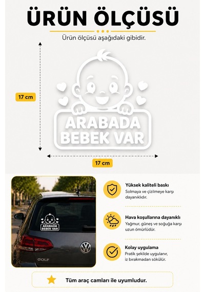Araba Camı Bebek Var Stickerı 17x17 Cm Beyaz Oto Cam Stickerı Baby On Board Oto Sticker Dijital Baskı
