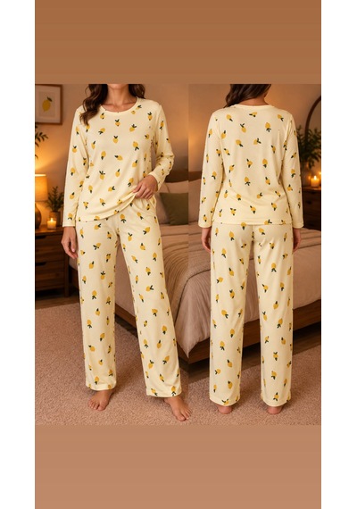 Lila İç Giyim Kadın Süet Limon Desenli Uzun Kollu Pijama Takımı Rahat Kesim Ev Giyim Seti Sarı Lila İç Giyim Kadın Süet Limon Desenli Uzun Kollu Pijama Takımı Rahat Kesim Ev Giyim Seti Sarı