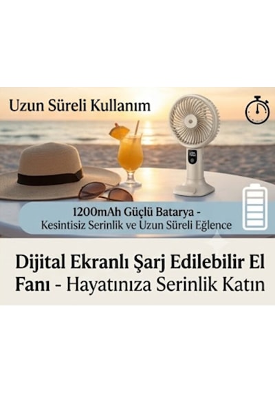 Şarjlı Standlı Güçlü El Fanı Masaüstü Mini Vantilatör 1200mah 5 Kademe Hız Ayarı Dijital Gös