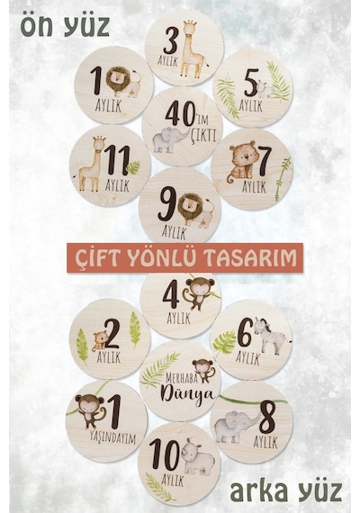 Sevimli Safari Hayvanları İle Ahşap Bebek Fotoğraf Çekim Kartları