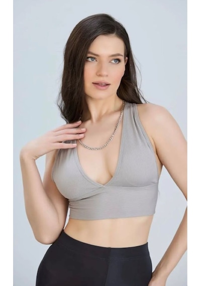 Derin V Yaka Crop Bluz - S504564 Gri