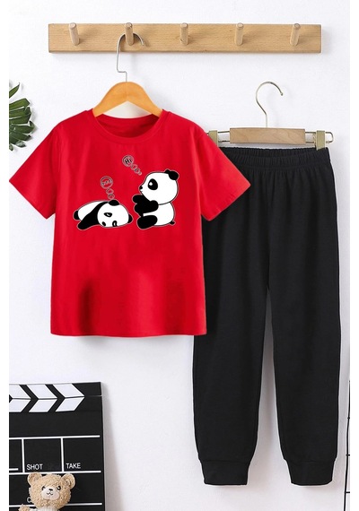 Uyguntarz Çocuk Sleep Panda Alt - Üst Eşofman Takımı Kırmızı