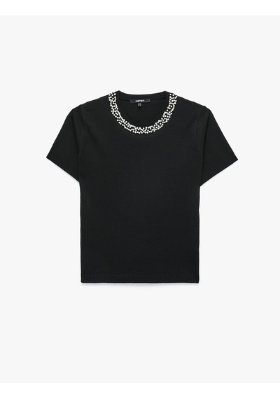 Koton Regular Fit Boncuklu Bisiklet Yaka Kısa Kollu Viskon Triko Kazak Siyah 7wak90135ht