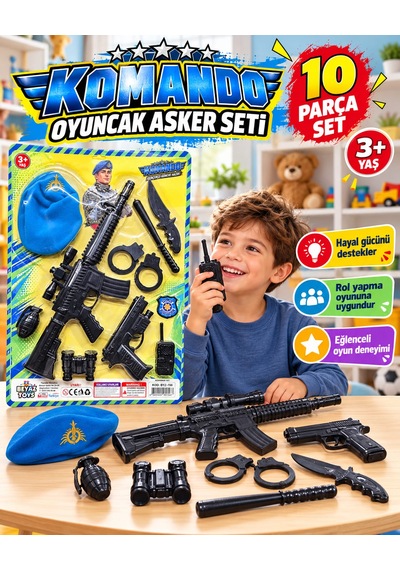 Oyuncak Komando Bordo Bere Asker Polis Seti Hedefli Dart Seti Yelekli Aksiyon Seti 10-16 Parça Mavi