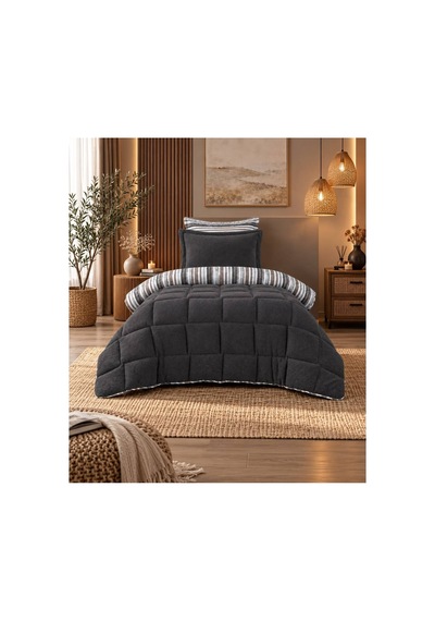 Tek Kişilik Uyku Seti Sherpa Comforter Antrasit Antrasit
