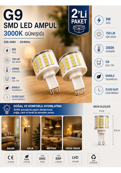 2 Adet 9w 750 Lm 3000k Günışığı G9 Smd Led Ampul