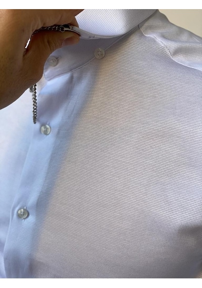 Modefendi Slim Fit Pamuk Örme Bebe Yaka Gömlek Beyaz