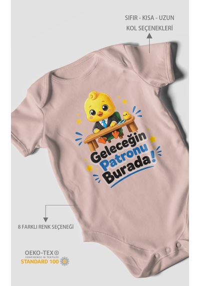 Morivokids Geleceğin Patronu Burada Kısa Kollu Bebek Body %100 Pamuk Pastel Pembe