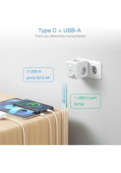 Tessan Enchufe 2 Port Usb C, 6 Ve 1 Cubo Cargador Ladron Enchufes Triple Con 1 Tipo C, Enchufe Multiple Pared Con Switch 0 Tessan Enchufe 2 Port Usb C, 6 Ve 1 Cubo Cargador Ladron Enchufes Triple Con 1 Tipo C, Enchufe Multiple Pared Con Switch 0