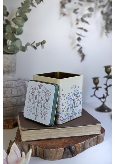 Evle-er024-2e Botanica Yellow Desenli Kare Metal Saklama Kabı 12x12 Cm Botanica Yellow