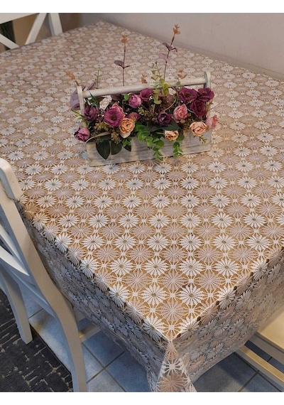 İthal Pvc Muşamba - Desenli Silinebilir Masa Örtüsü 11lace015 Bej