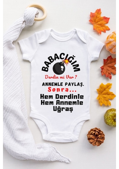 Tuğbababy Baby Derdin Mi Var Baba Desenli Organik Çıtçıtlı Body Kız Erkek Beyaz