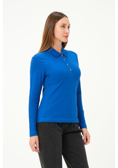 Msw Kadın Uzun Kollu Regular Fit Polo Yaka T-shirt Sax