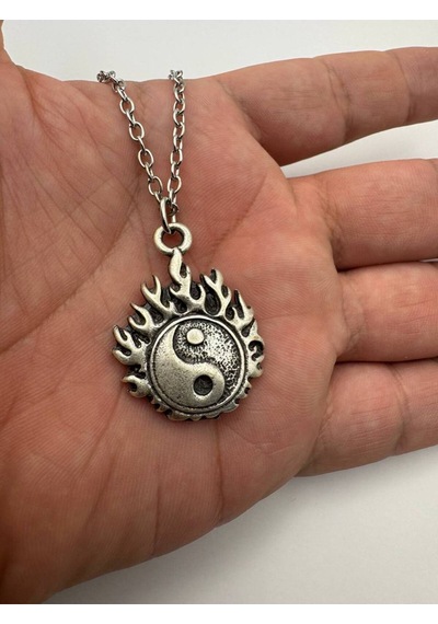 Alev Desenli Ying Yang Sembolü Unisex Kolye 60 Cm Zincirli Metal  Ve  Temalı Takı Çok renkli