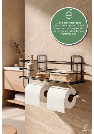 Çiftli Yapışkanlı Tuvalet Kağıtlığı Mat Siyah Metal Kağıtlık Delmeden Montaj Banyo Organizer Renkli