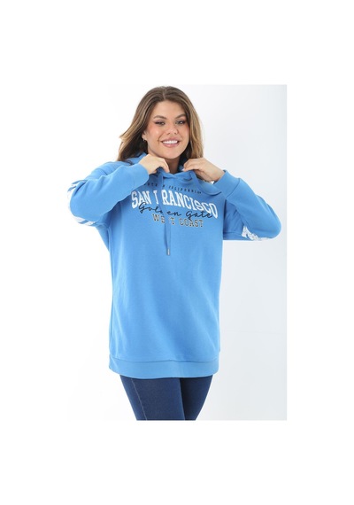 Şans Kadın Büyük Beden Mavi İçi Şardonlu Üç İplik Kapşonlu Sweatshirt 65n37464-mavi Mavi