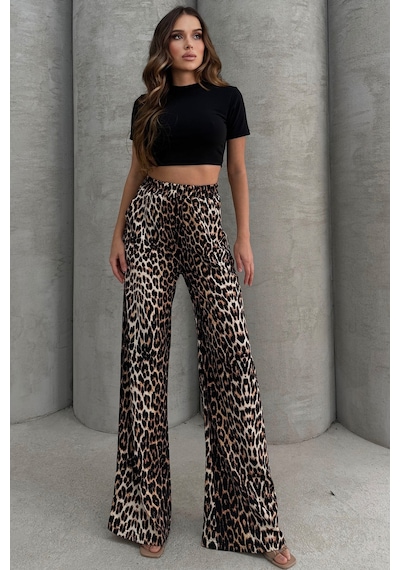 Lesa Wear Leopar Desenli Yumuşacık Yüksel Bel Geniş Paça Likralı Jarse Pantolon Flared Leopar