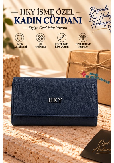 Hky Orta Boy Çok Kullanışlı Hakiki Deri Kadın Cüzdan Lacivert