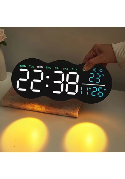 Etashop Uzaktan Kumandalı Bulut Led Duvar Saati Ortam Işıklı Büyük Dijital Ekran Çift Alarm Sıcaklık Siyah