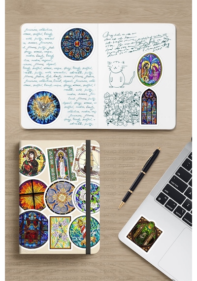 Vitray Stained Glass Temalı Telefon Laptop Bullet Journal Yapışkanlı Folyo Sticker Paketi 25 Adet Çok Renkli