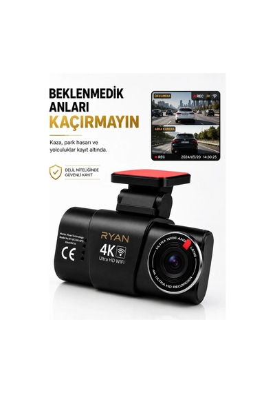 Bagajon Ryan Yapay Zeka Destekli 4k Ön 1080p Arka Araç Kamerası Wifi Gps, Gece Görüşü, G-sensor, Park Kiti