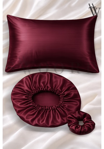 Bordo Saten Yastık Kılıfı +  Bone Ve Toka Kıvırcık Ve Düz Saçlar İçin