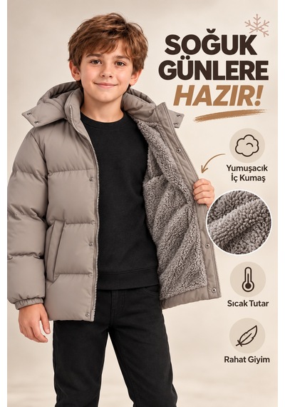 Ahengim Erkek Çocuk Kışlık Kapüşonlu Mont İçi Peluş Astarlı Fermuarlı Cepli Ak4316 Bej