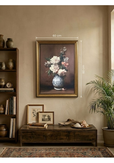 Klasik Gold Çerçeveli Çini Vazoda Şakayık Çiçekleri Tablo Lüks Salon Duvar Dekoru 60x80 Cm