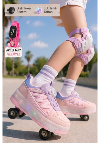 Muggo Sky Çocuk Işıklı Patenli Tekerlekli Sneaker Spor Ayakkabı Pudra