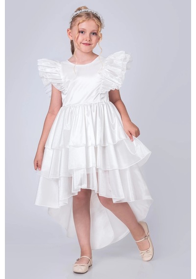 Mnk Baby & Kids Kız Çocuk Kuyruklu , Taçlı Vragia Abiye Elbise M00745 Beyaz