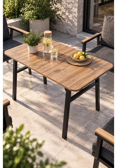 Sulorahome Ahşap Desenli Bahçe Masası Ve Metal Ayaklı Dış Mekan Masası