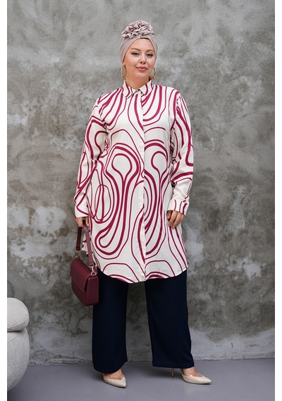 Polologin Butik Bordo Beyaz Modern Desen Tunik Bordo Beyaz