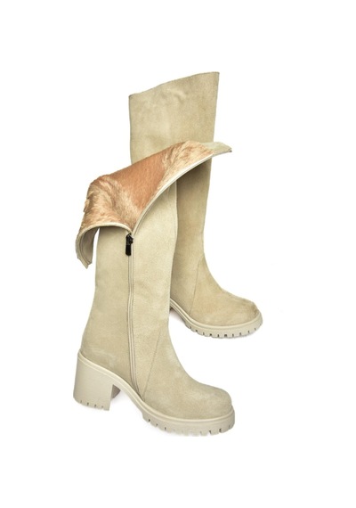 Fox Shoes R654047702 Bej Hakiki Deri Süet Kalın Topuklu Kadın Çizme Bej