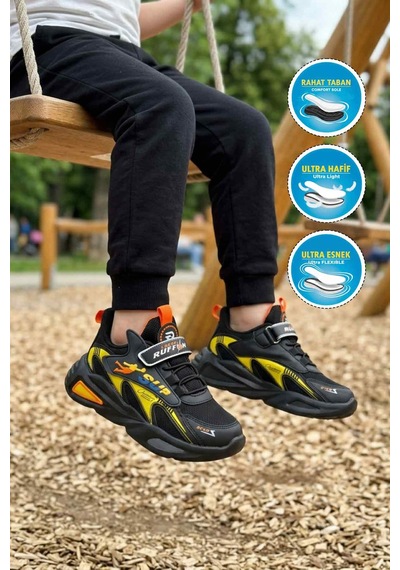 Ruffon 2470 F Siyah-sarı Cırtlı Erkek Çocuk Spor Ayakkabı Siyah - Sarı