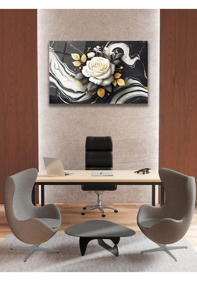 Soyut Siyah Beyaz Gold Gül Cam Tablo, Modern Ev Ofis Salon Duvar Dekoru, Hediyelik Tablo Dekor