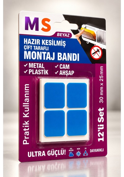 12'li Beyaz Ultra Güçlü Hazır Kesilmiş Çift Taraflı Montaj Bandı Bantı 30 Mm X 25 Mm Bantları