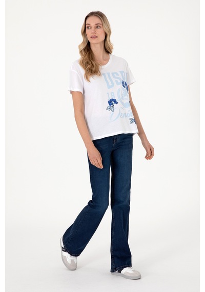 U.S. Polo Assn. Kadın Beyaz Desenli Bisiklet Yaka Tişört 50299670-VR013