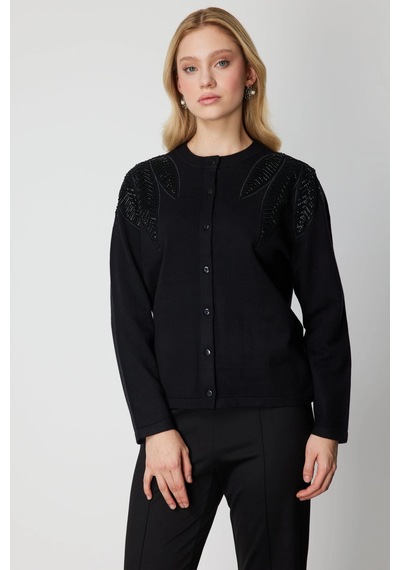 On Fashion Kadın Taş Detaylı Siyah Hırka 60908 Siyah