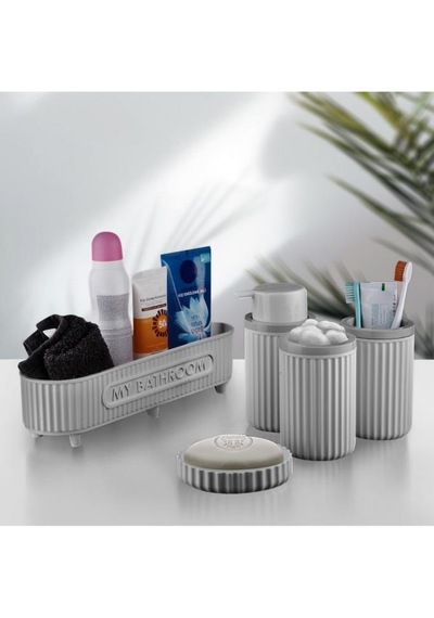 Flora 5 Parça Banyo Seti Çok Amaçlı Sepet, Sıvı Sabunluk, Katı Sabunluk, Diş Fırçalık, Pamukluk Gri