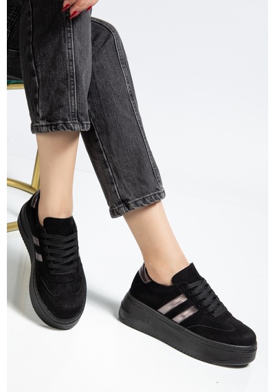 Bahrina Kadın Kalın Tabanlı Sneaker Siyah Süet Platin