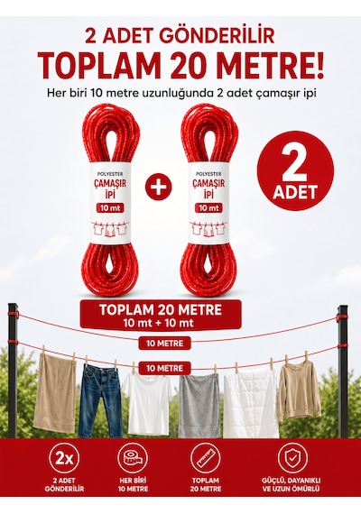 Beylini 2 Adet 10 Mt Polyester Çamaşır İpi Pvc Kaplama Sarkma Yapmaz Balkon Çamaşır Askılığı Çok Amaçlı Kurutma Kırmızı