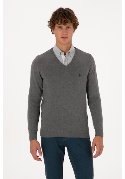 U.S. Polo Assn. Erkek Slim Fit V Yaka Gri Melanj Basic Triko Kazak 50313662-VR086