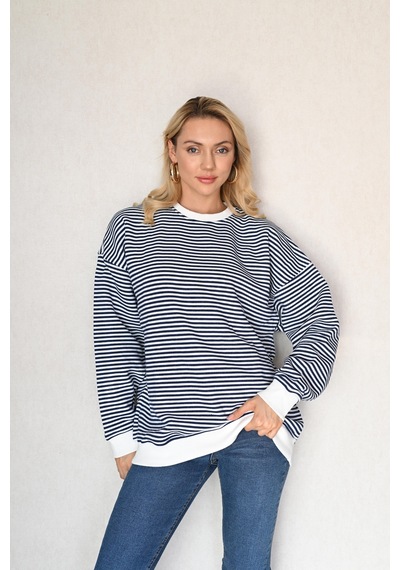 Oversize Çizgili Sweatshirt Lacivert