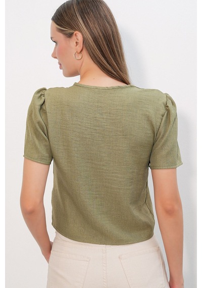 Hiccup Bdart Dokulu V-yaka Keten Karışımlı Crop Top Haki