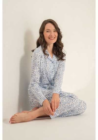 Pierre Cardin Kadın Flowers Mavi Gömlek Pijama Takımı Pc9271-s-v1 Pc9271-s-v1