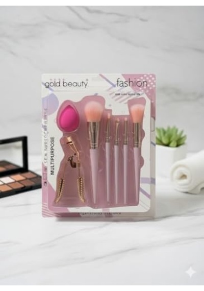 Gold Beauty Kirpik Kıvırıcı Ve Makyaj Süngeri Hediyeli 7 Parça Makyaj Fırçası