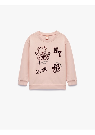 Koton Ayıcık Baskılı Uzun Kollu Bisiklet Yaka Pamuklu Sweatshirt Pembe 6wmg10072ak Gül