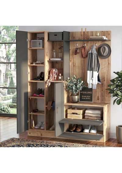 Yurudesign Wisdom Vestiyer Ayakkabılık Portmanto Aynalı Raf Çam-A